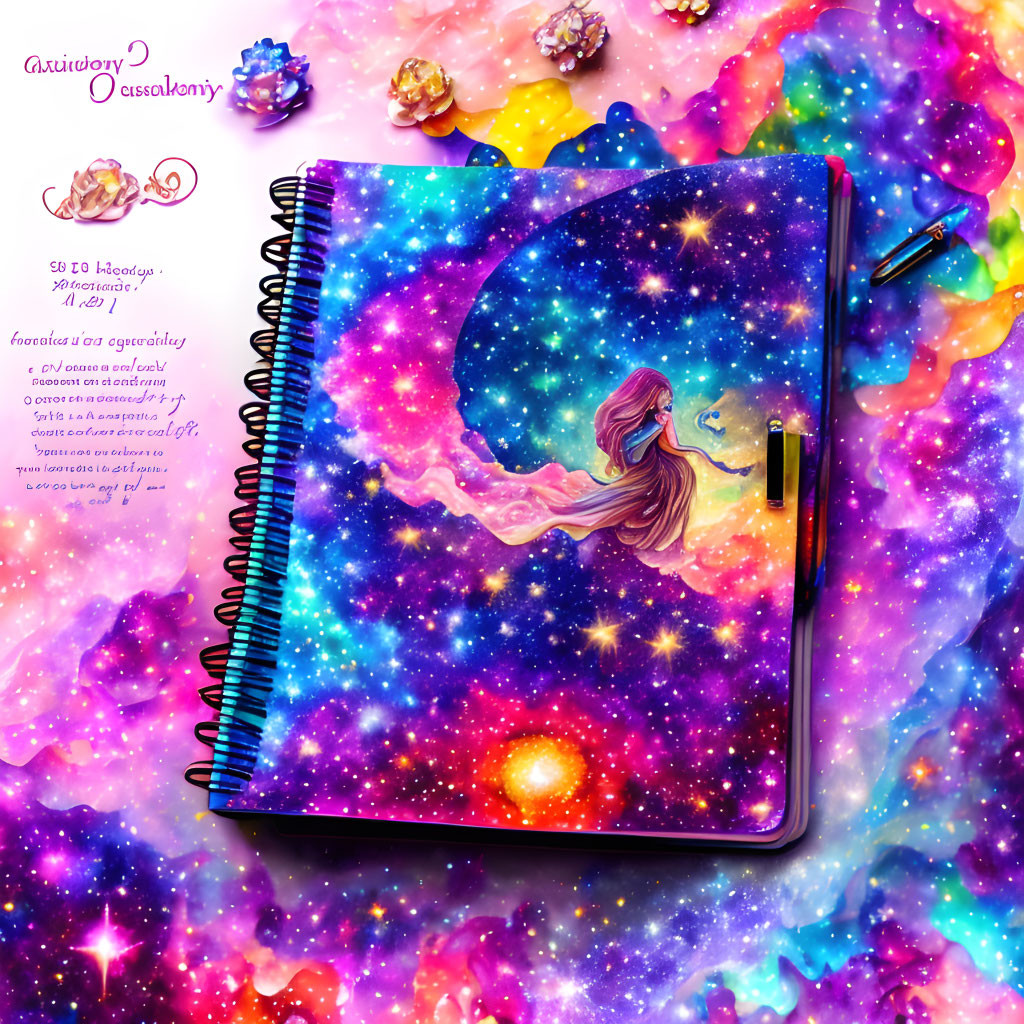 Colorful Cosmic Design Spiral-Bound Notebook with Girl and Nebulae on Glittery Surface