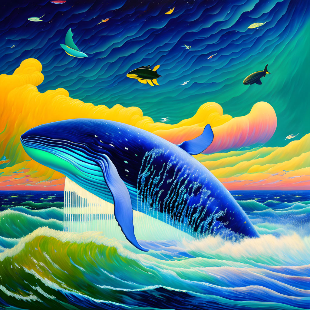 Digital artwork of blue whale with cityscape on body above ocean