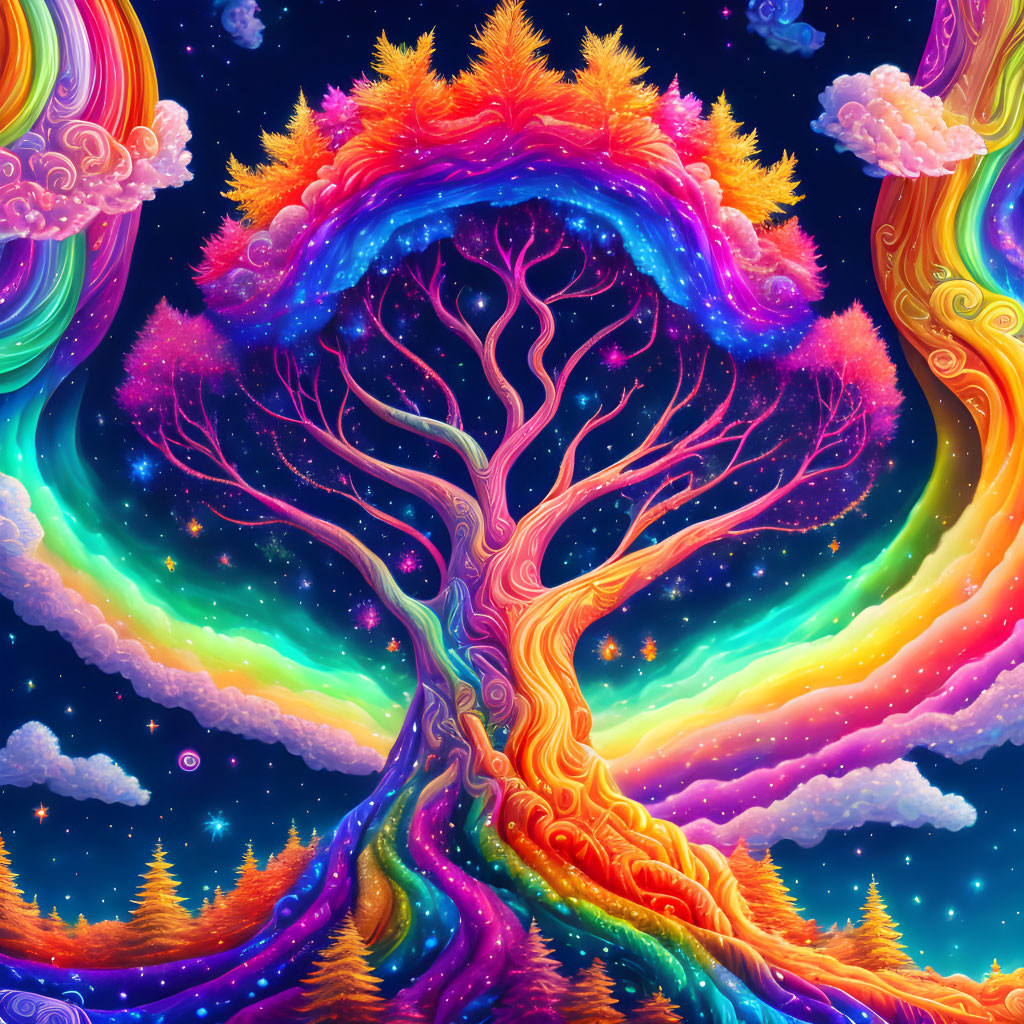 Colorful Fantasy Tree Illustration with Rainbow Leaves on Starry Night Sky