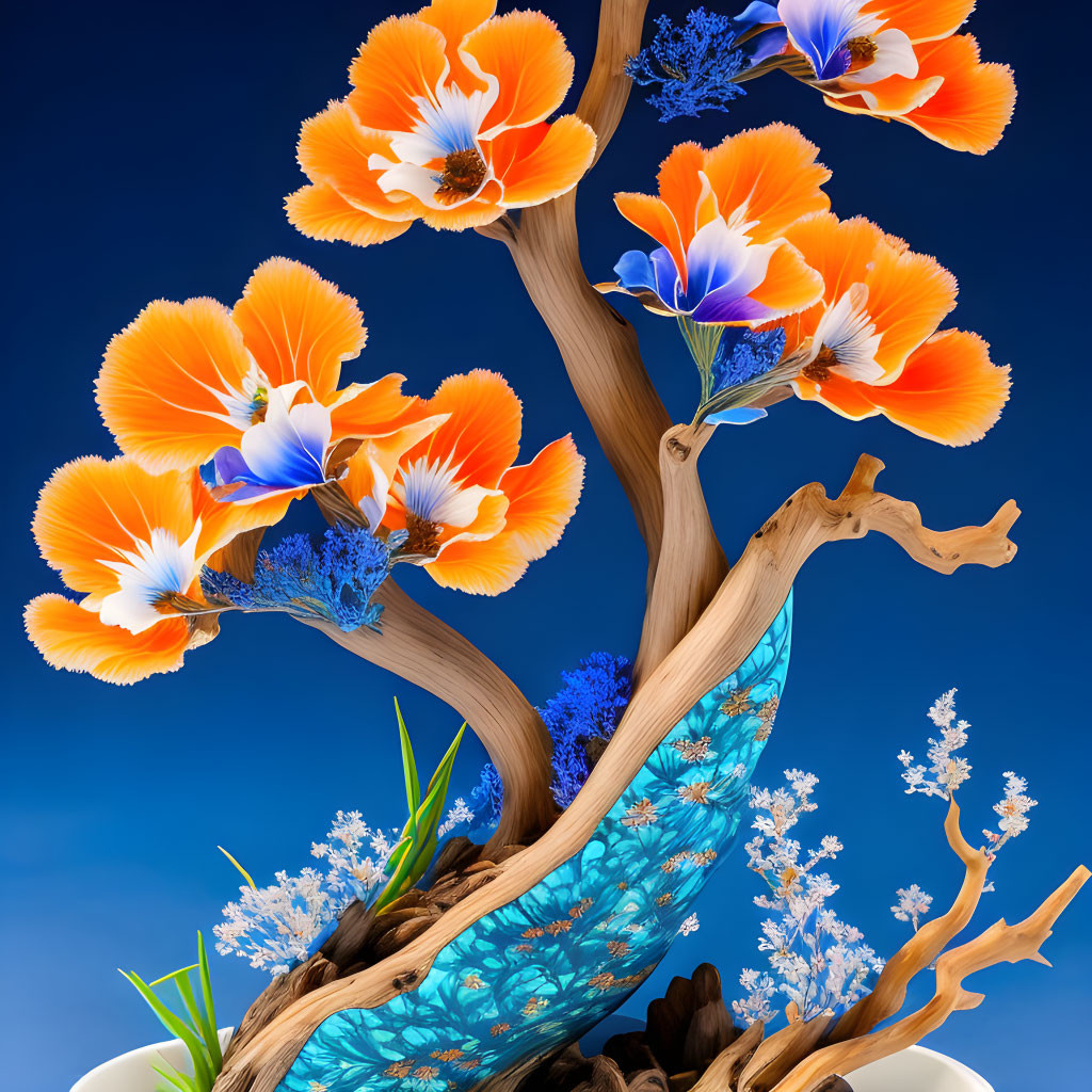 Colorful digital art: Twisting tree, orange and blue flowers, blue sky