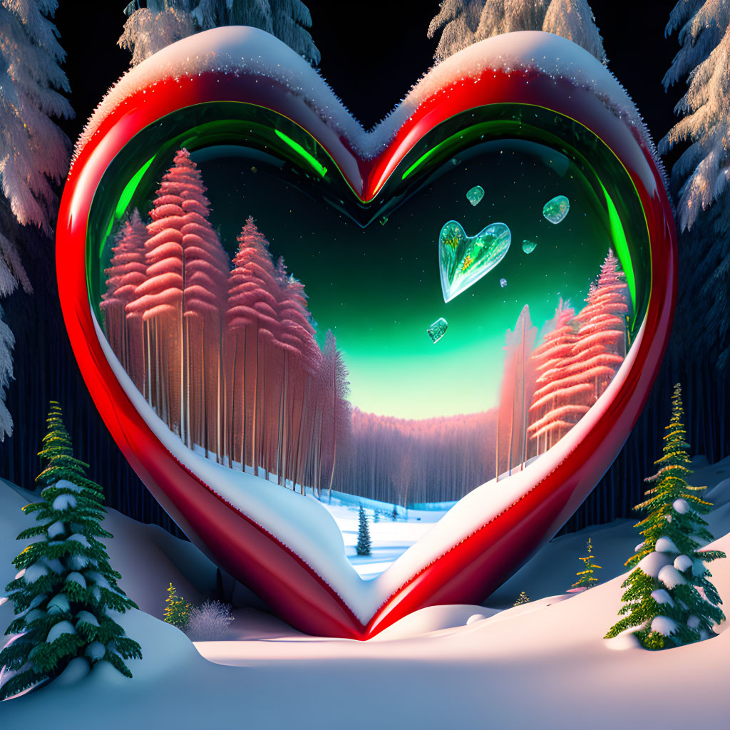 Heart-shaped Winter Wonderland Scene with Snow-Covered Trees and Glowing Auroras