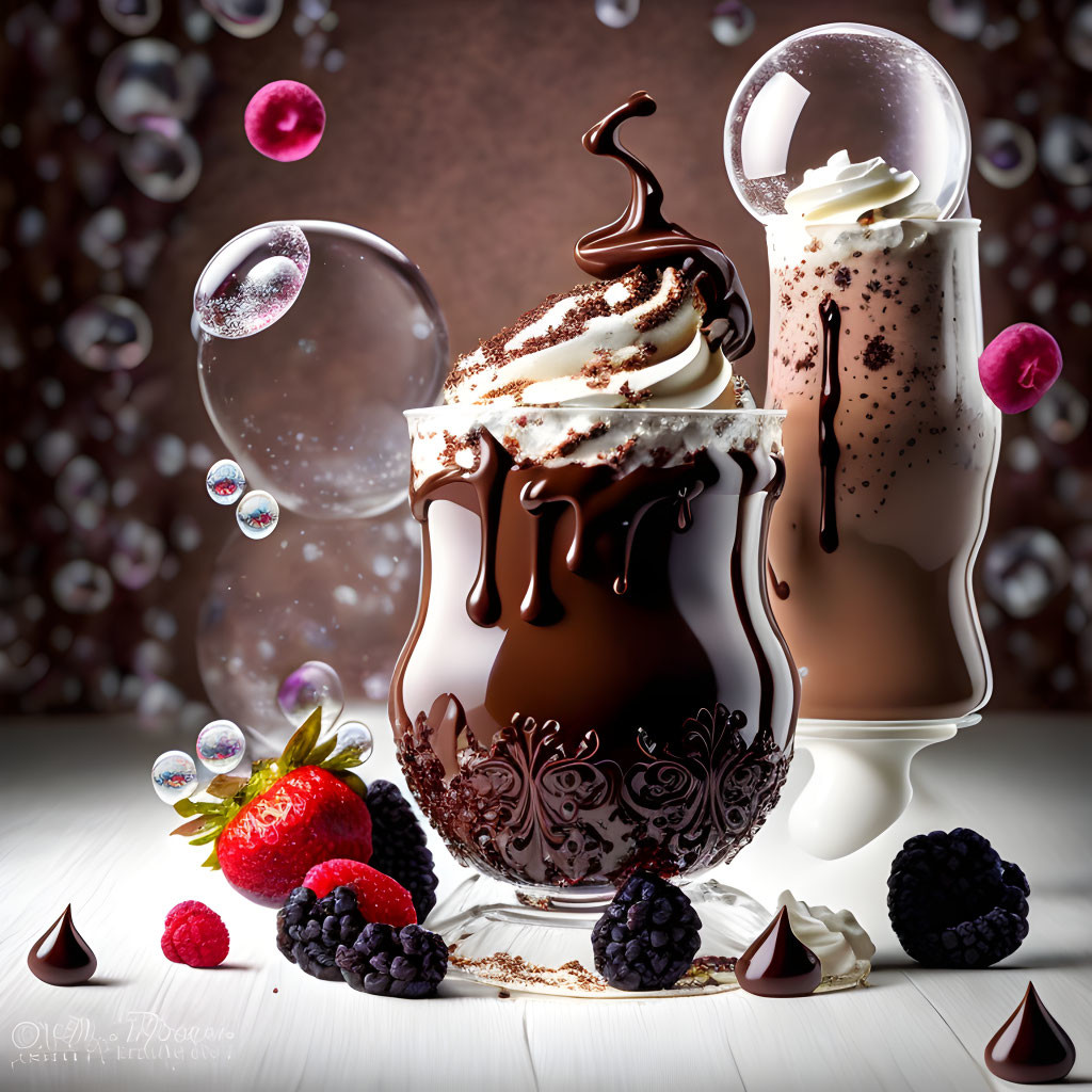 Gourmet milkshake dessert with whipped cream, chocolate syrup, berries