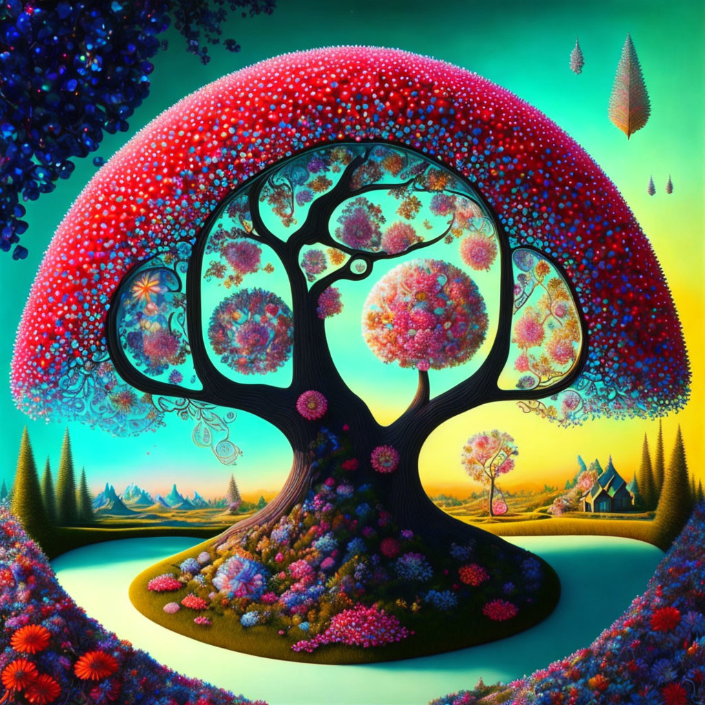 Colorful artwork of whimsical tree with patterned canopies in surreal landscape