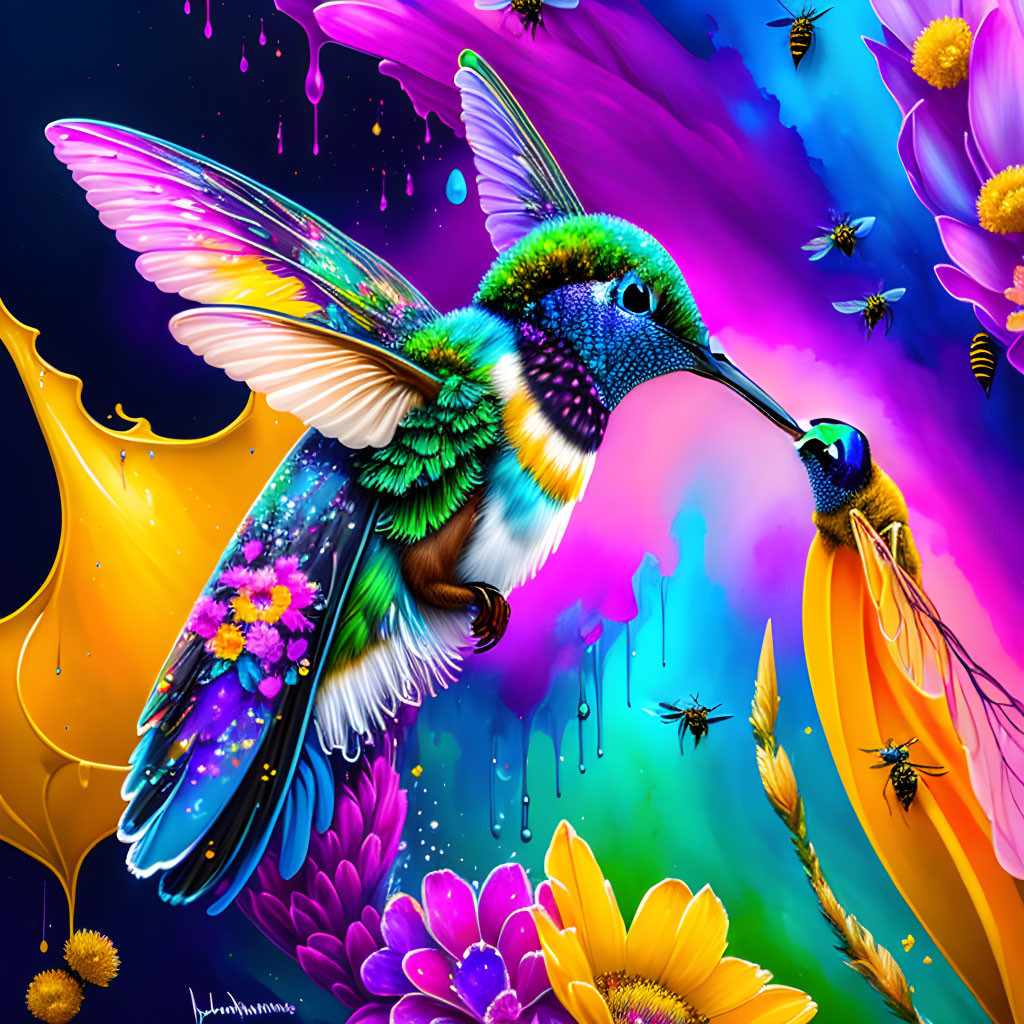 Colorful digital artwork: Hummingbird and bees with dripping paint background