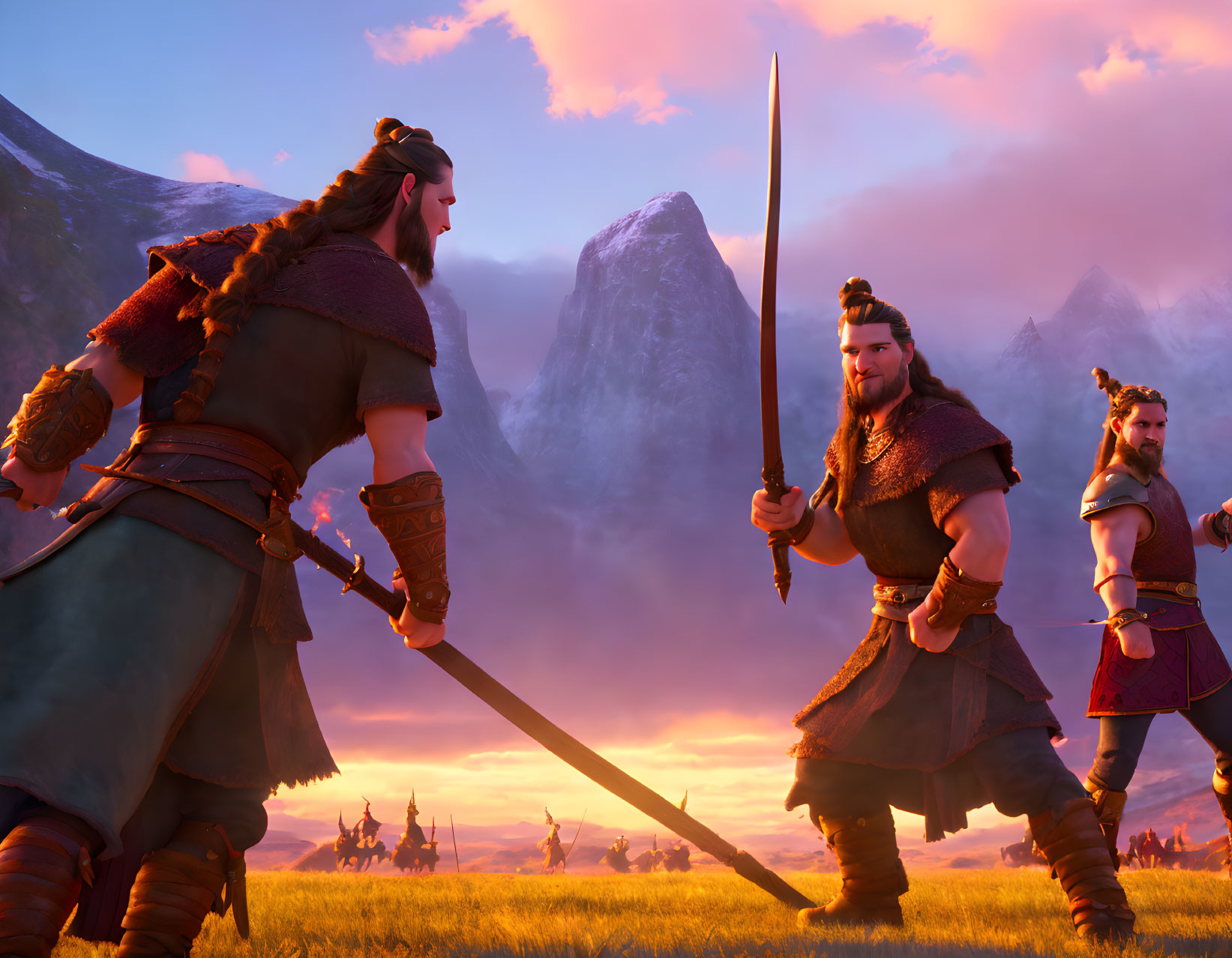 Animated Viking warriors in dramatic mountain landscape at sunset.