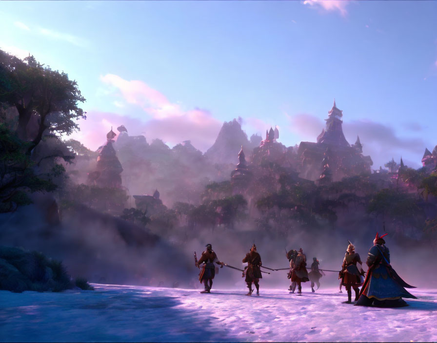 Warriors marching on misty path in fantasy dusk landscape