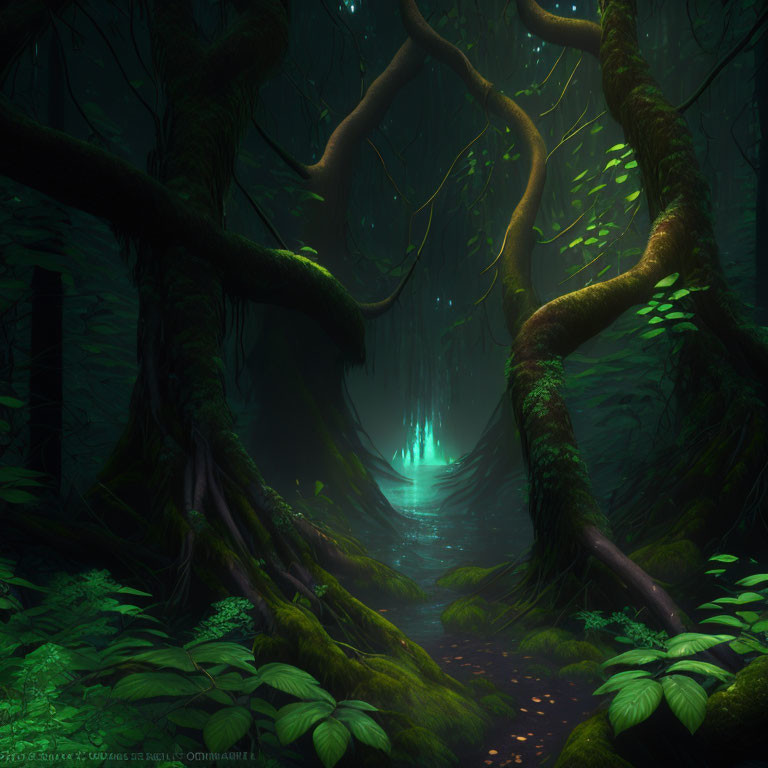 Enigmatic green forest with twisted trees and dimly lit path