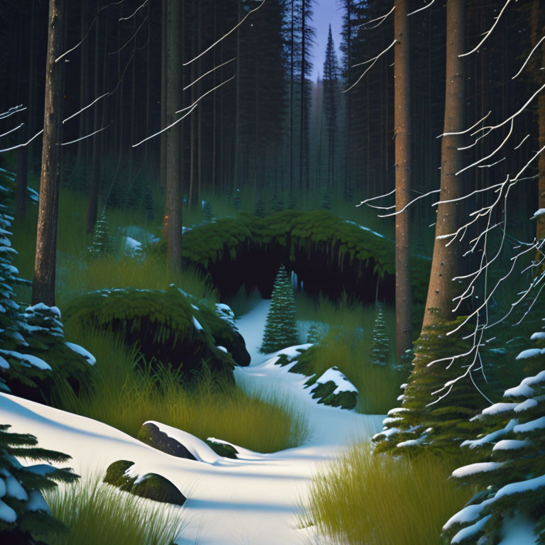 Snowy Winter Forest Creek Surrounded by Trees at Twilight