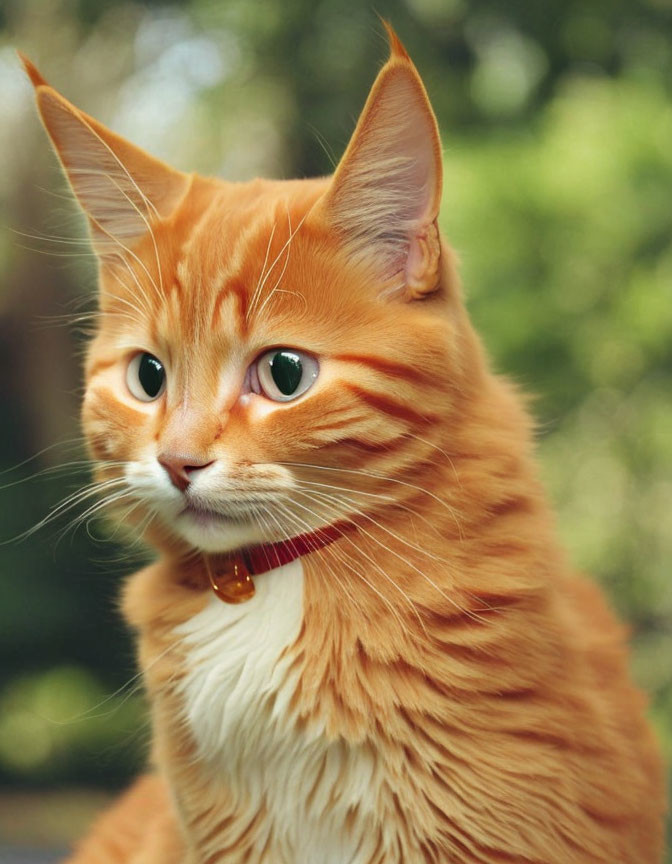 Orange Tabby Cat with Green Eyes and Red Collar in Soft Green Background