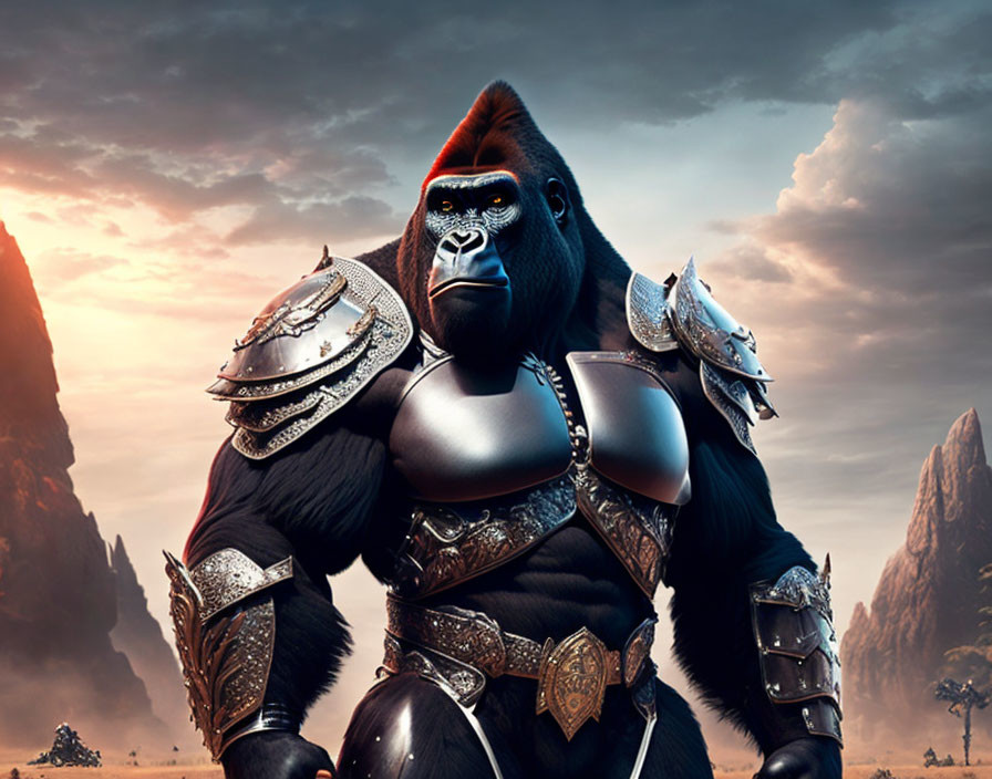 Armored gorilla in thoughtful pose in mountain landscape at dusk