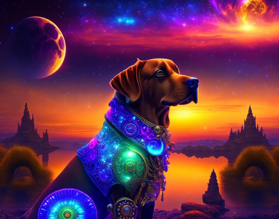 Colorful Cosmic Landscape with Majestic Dog and Ancient Temples