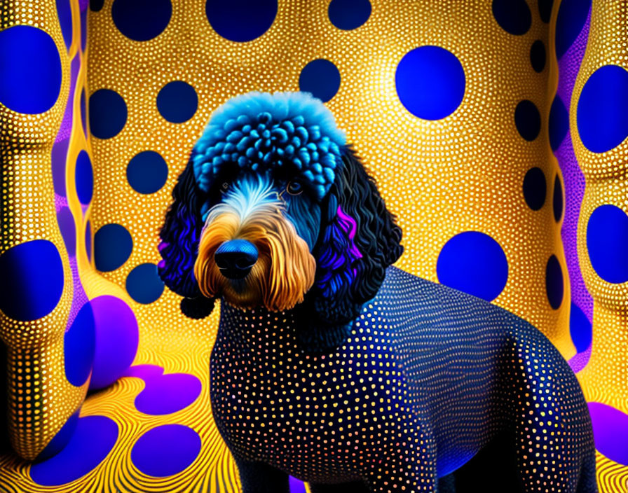 Vibrant poodle illustration on yellow and purple polka-dotted backdrop