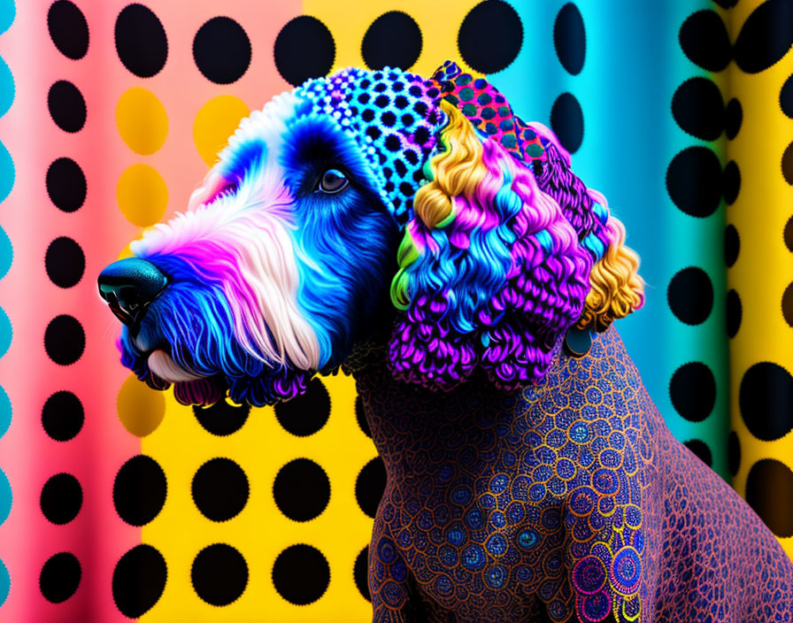 Vivid psychedelic dog art with colorful patterns on dotted background