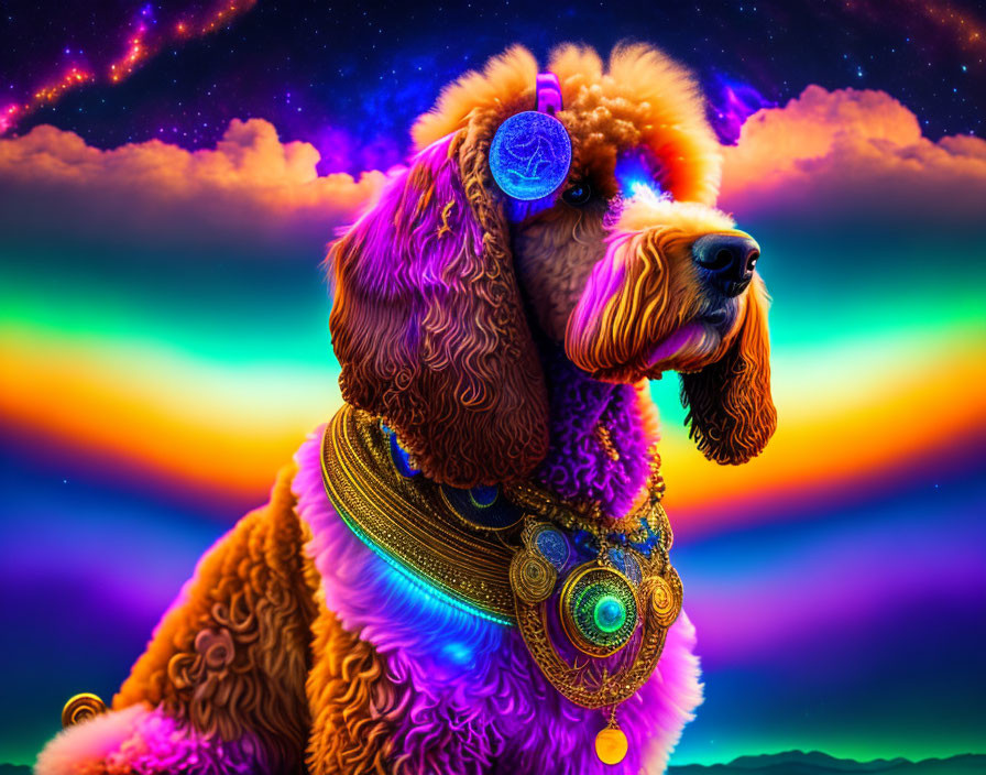 Colorful Psychedelic Portrait of Fluffy Dog with Cosmic Rainbow Background