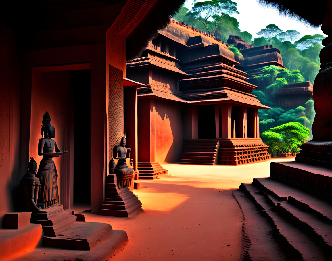 Digital artwork of ancient temple with statues in warm tones