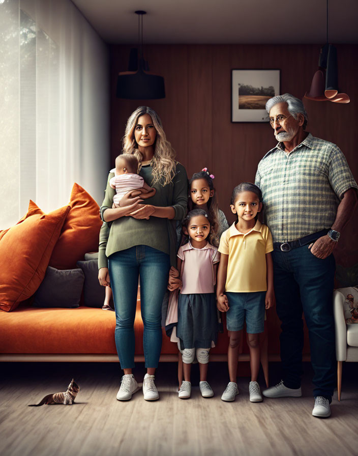 Family portrait in cozy room with mother, baby, young girls, elderly man, and kitten.