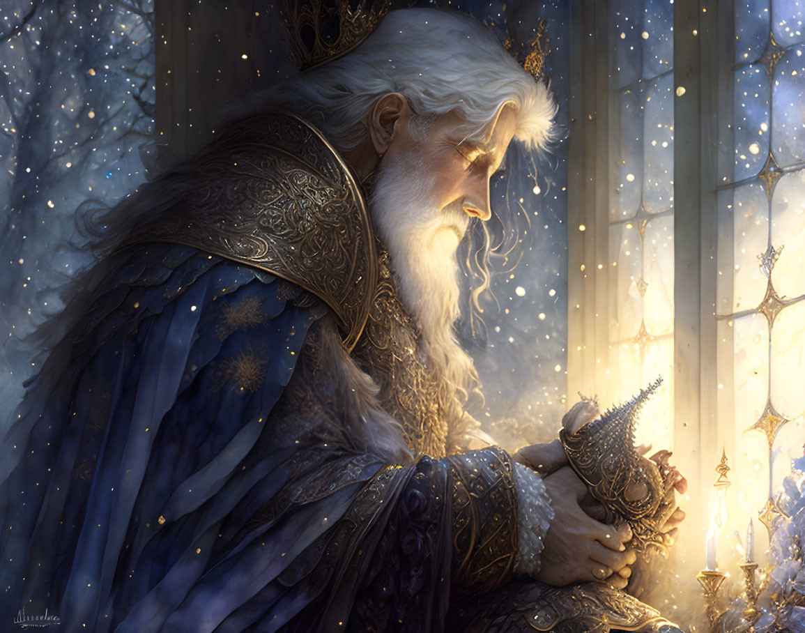 Elderly man in medieval attire gazes through snowflake window