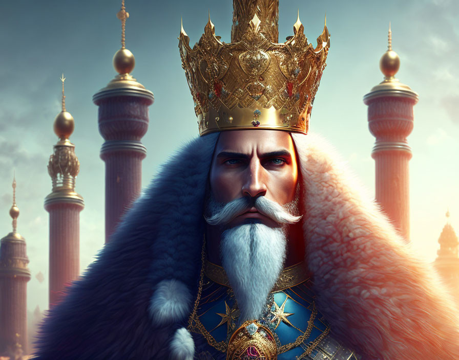 Regal king with white mustache in gold crown and fur cloak among grand towers