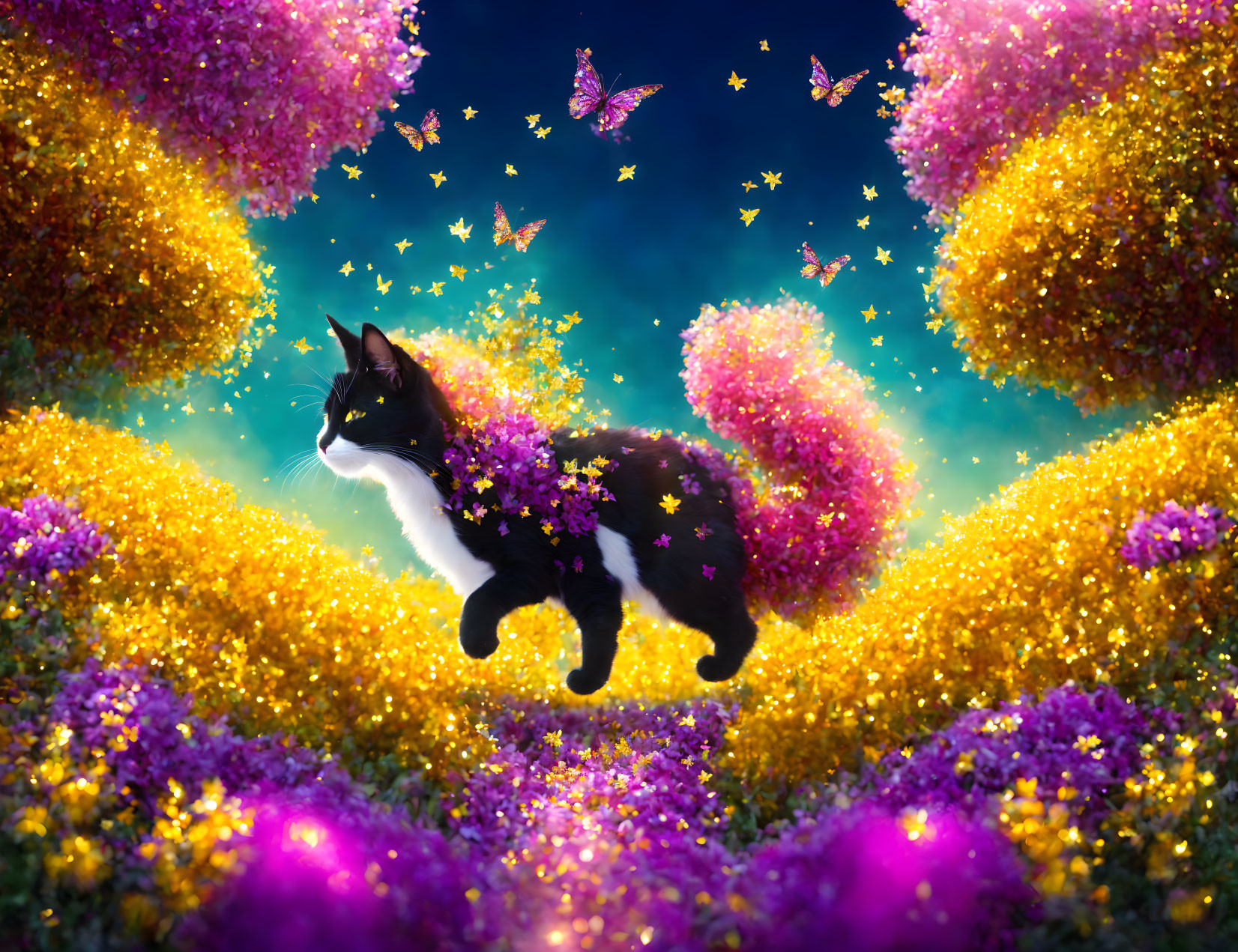 Black and White Cat Surrounded by Magical Flowers and Glowing Butterflies