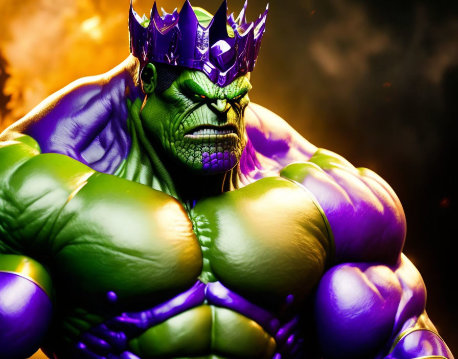 Muscular green-skinned figure with purple crown and intense expression