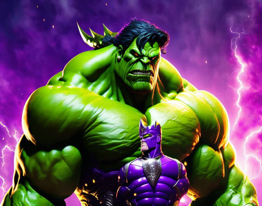 Green muscular giant and purple armored figure in lightning-filled scene