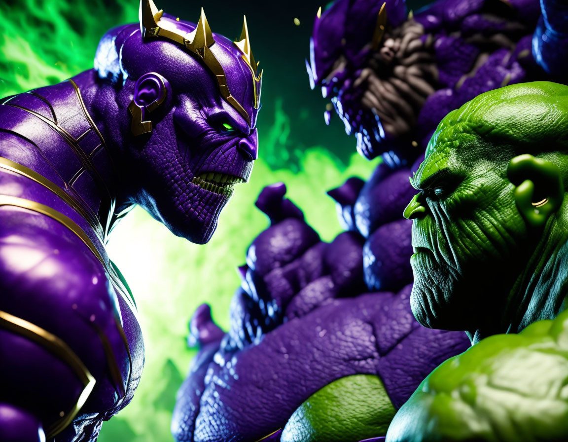 Muscular animated characters in tense face-off: purple with gold crown vs. green.