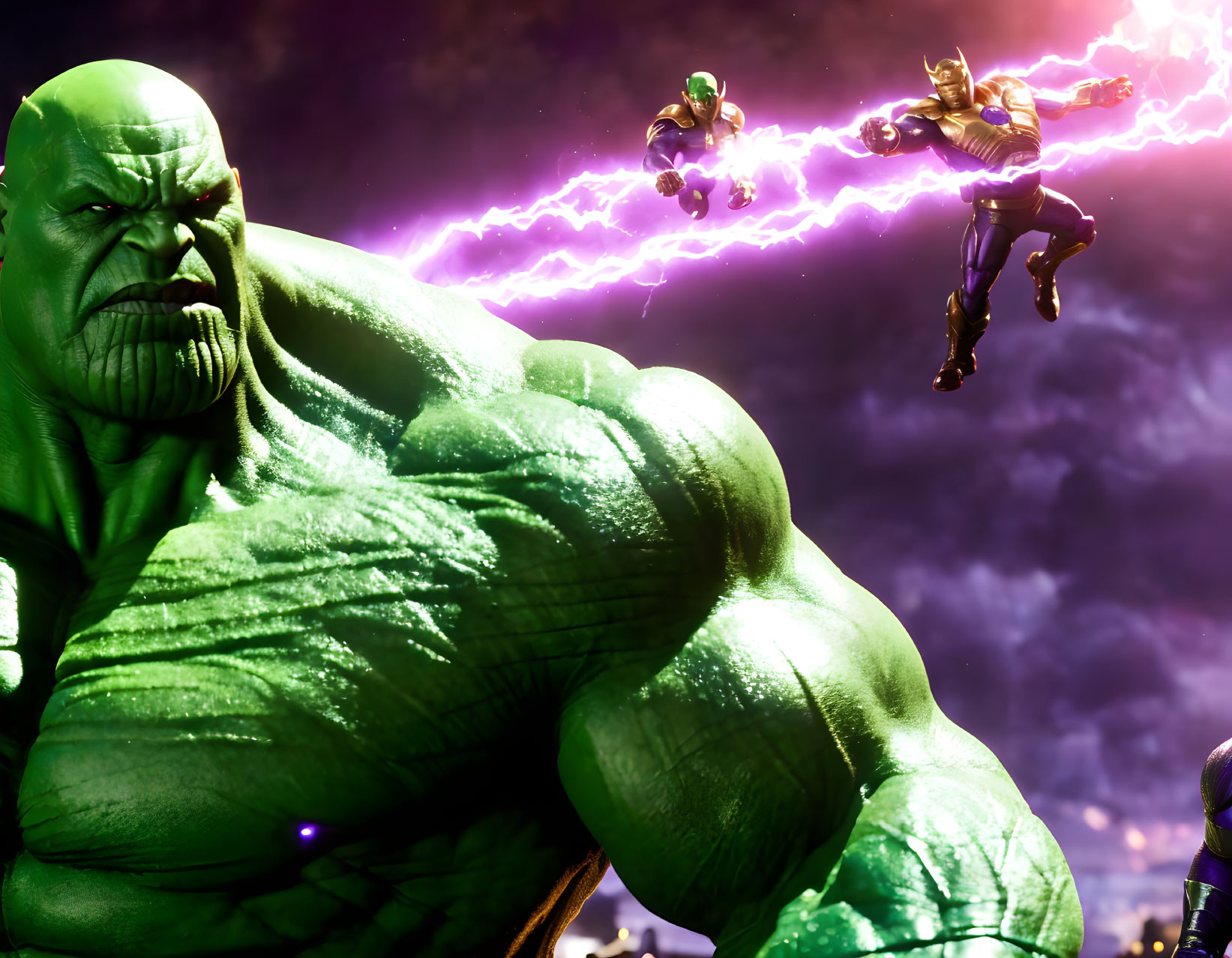 Dynamic Hulk, Iron Man, and Thanos clash in stormy sky.