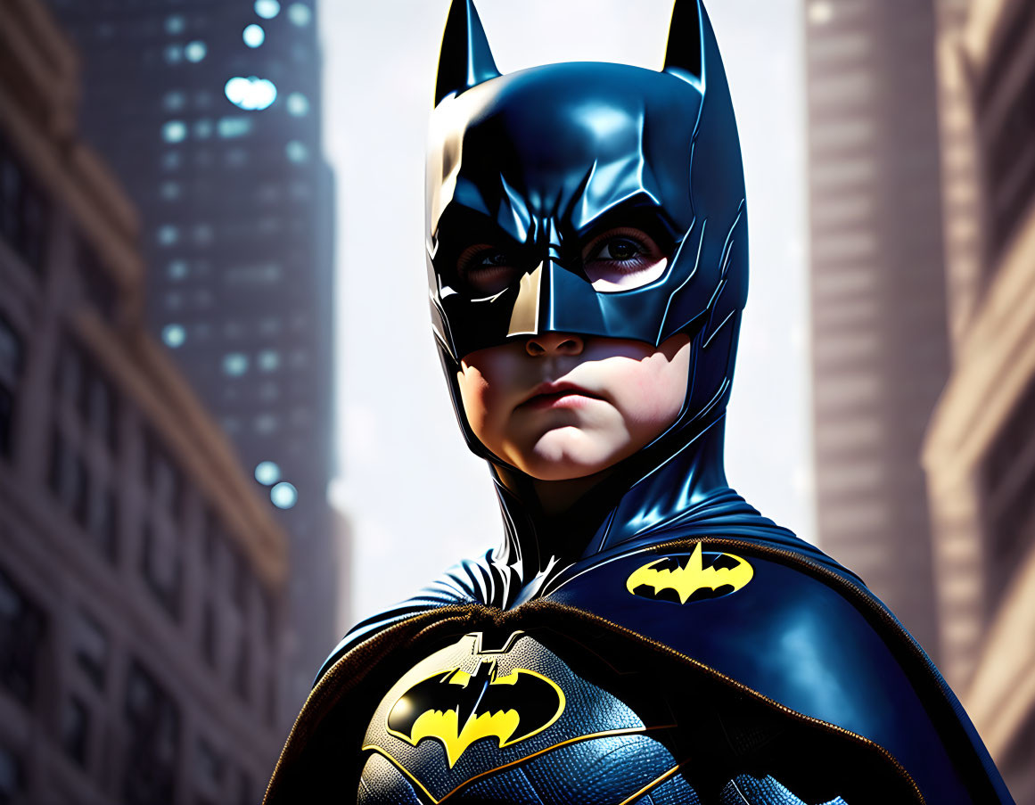 Detailed Batman costume with cowl, cape, and emblem in city setting