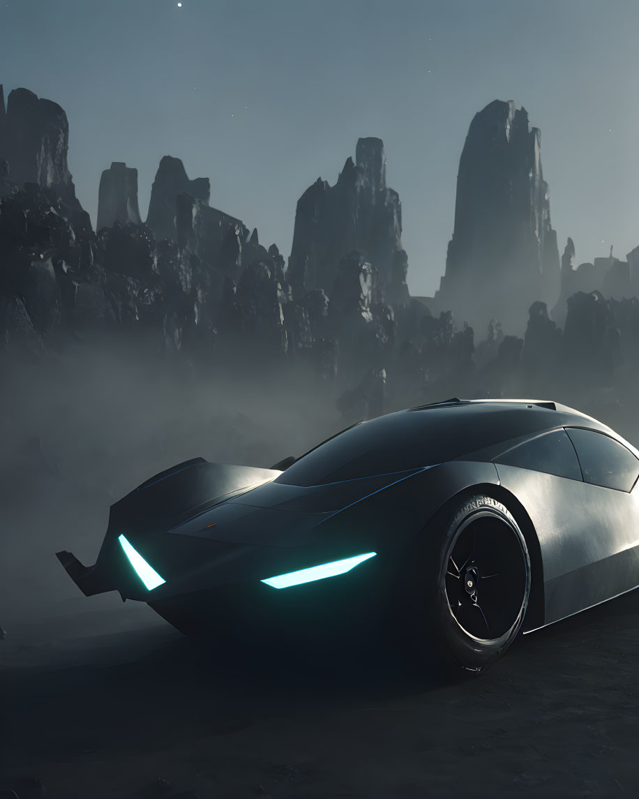 Futuristic car with neon lights on misty alien terrain