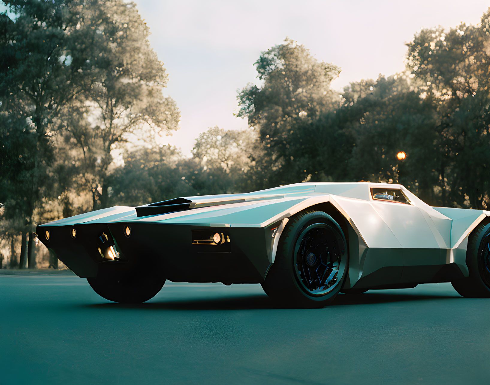 Futuristic low-lying car with geometric design in white, surrounded by trees