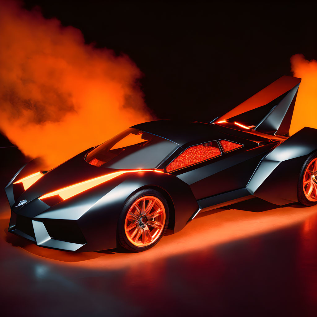 Futuristic sports car with sharp angles and neon lighting on orange smoke background