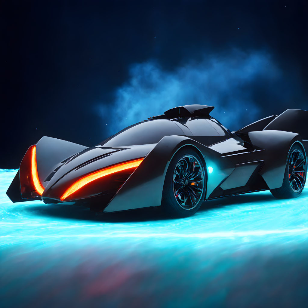 Futuristic black sports car with red headlights on neon blue ground under starry night sky