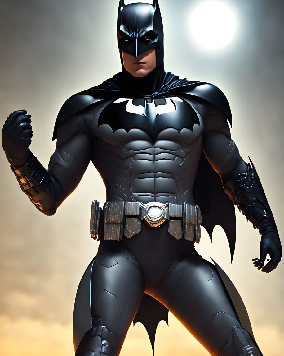 Detailed Batman costume pose with iconic bat symbol against moody sky.