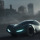 Futuristic car with neon lights on misty alien terrain