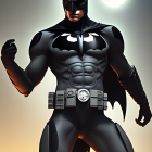 Detailed Batman costume pose with iconic bat symbol against moody sky.