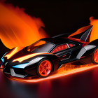 Futuristic sports car with sharp angles and neon lighting on orange smoke background