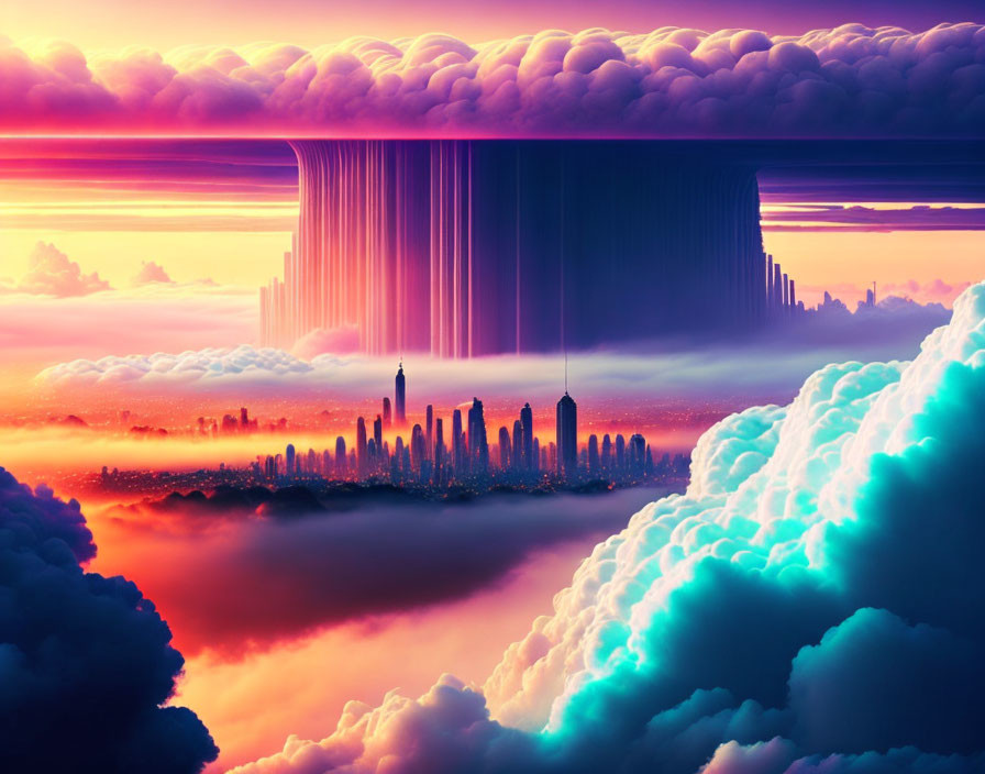 Vibrant surreal city skyline art with waterfall-like clouds