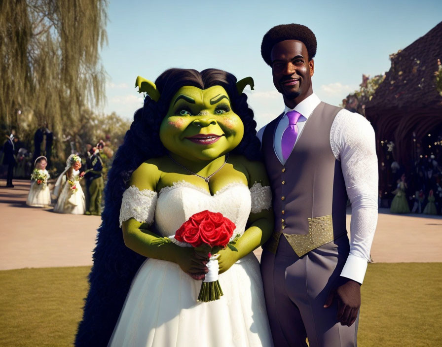 Man in formal vest next to Fiona-like character in bridal attire with bouquet