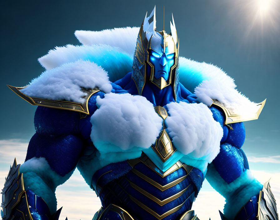 Fantasy warrior in blue and gold armor with fur cape under sunny sky