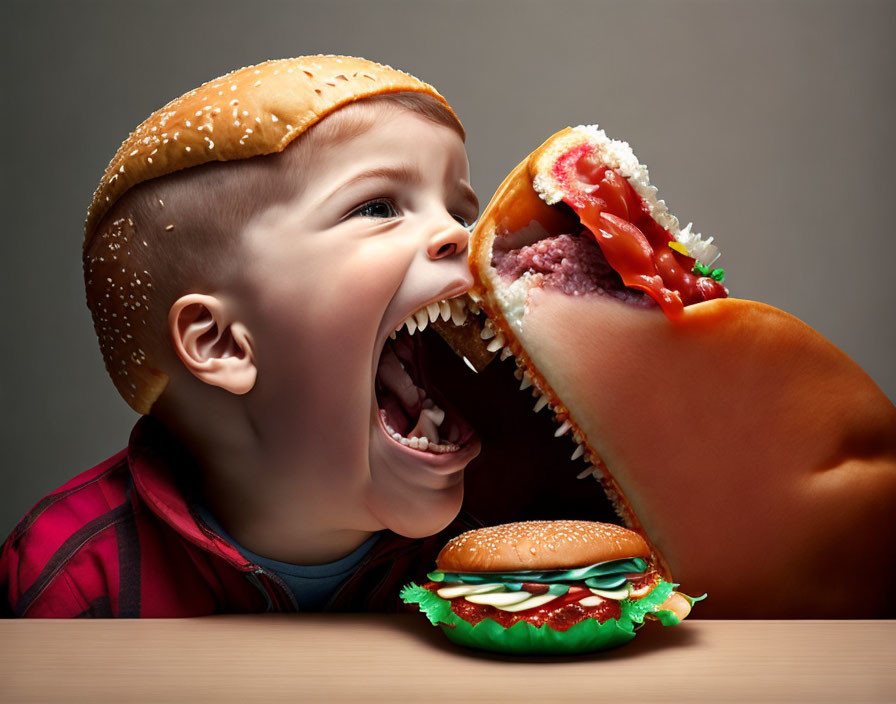 Young boy with wide-open mouth about to bite giant sandwich