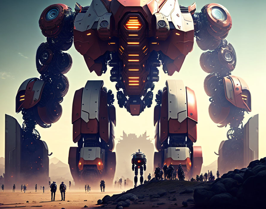 Futuristic desert landscape with towering robots and tiny human figures