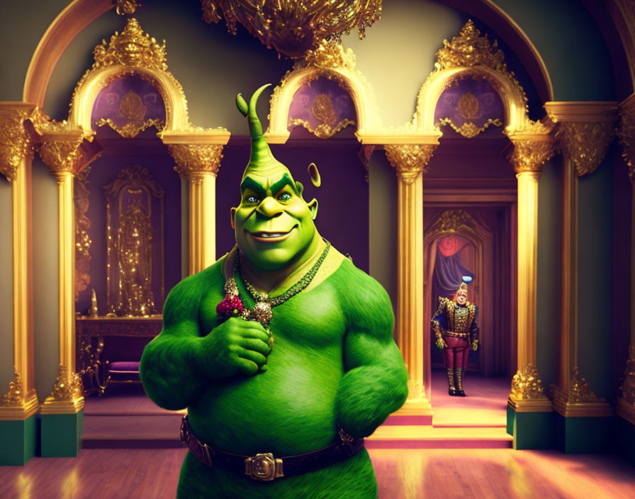 Green ogre in white shirt and vest in luxurious room with gold details