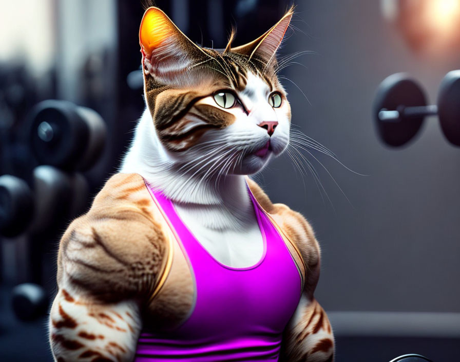 Muscular cat in purple tank top at gym with weights