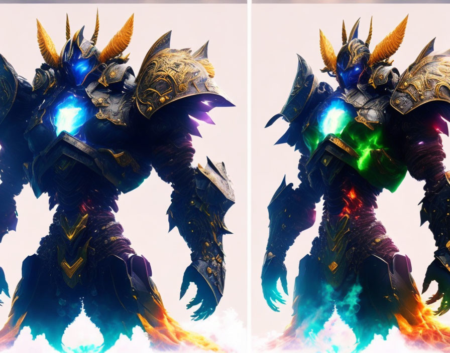 Fantasy armored character with glowing blue and green elements on light background