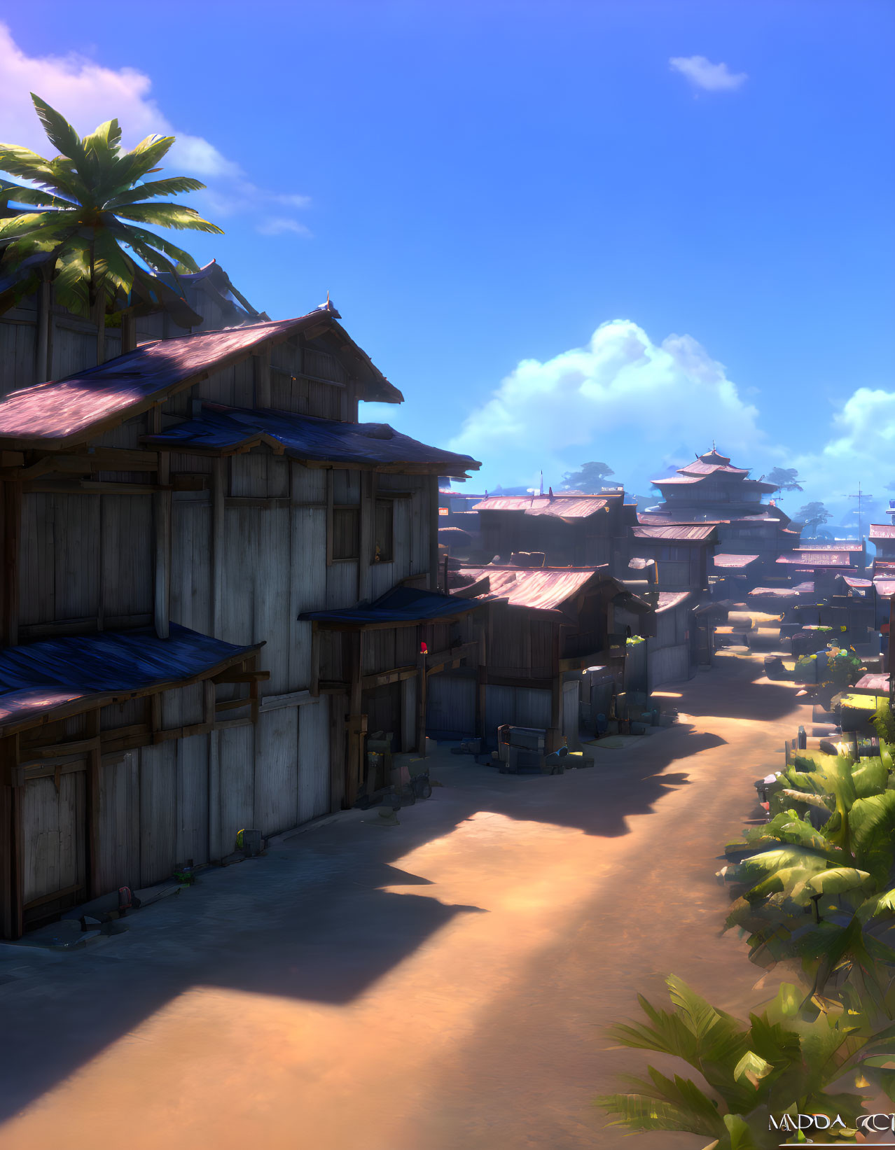 Traditional wooden houses in serene village setting under clear blue sky