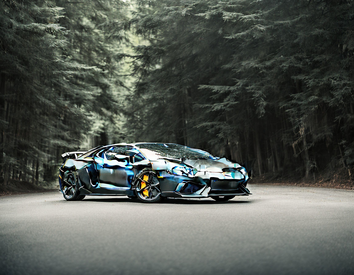 Chromatic sports car on forest road with tall green trees