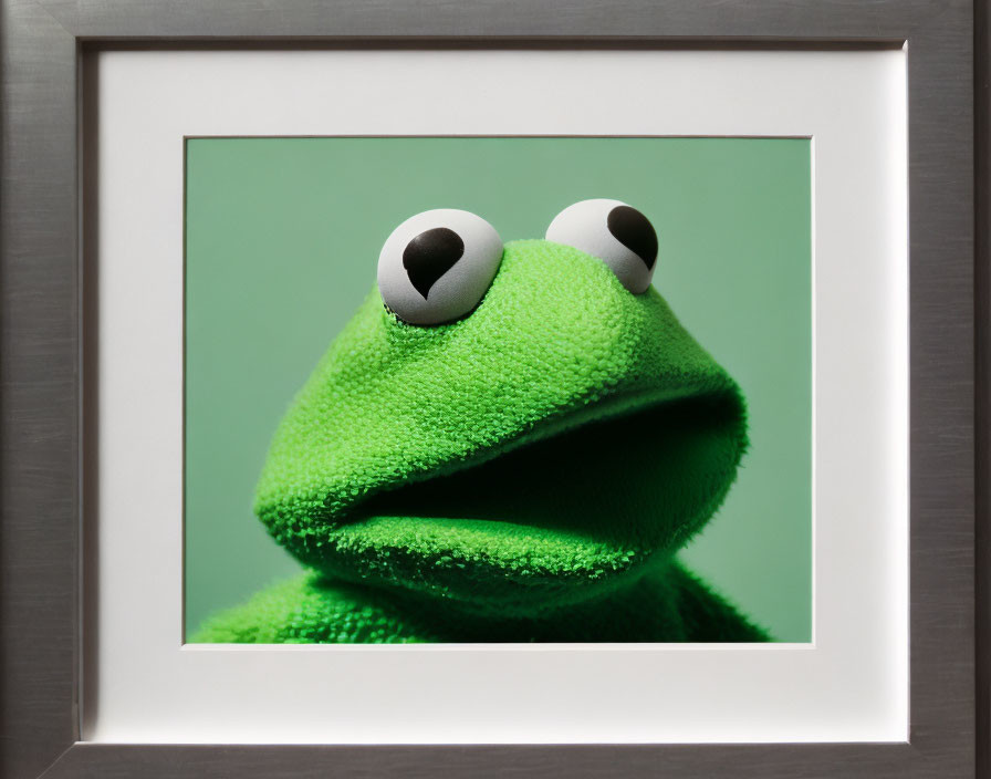 Close-up photo of green frog puppet on solid green background