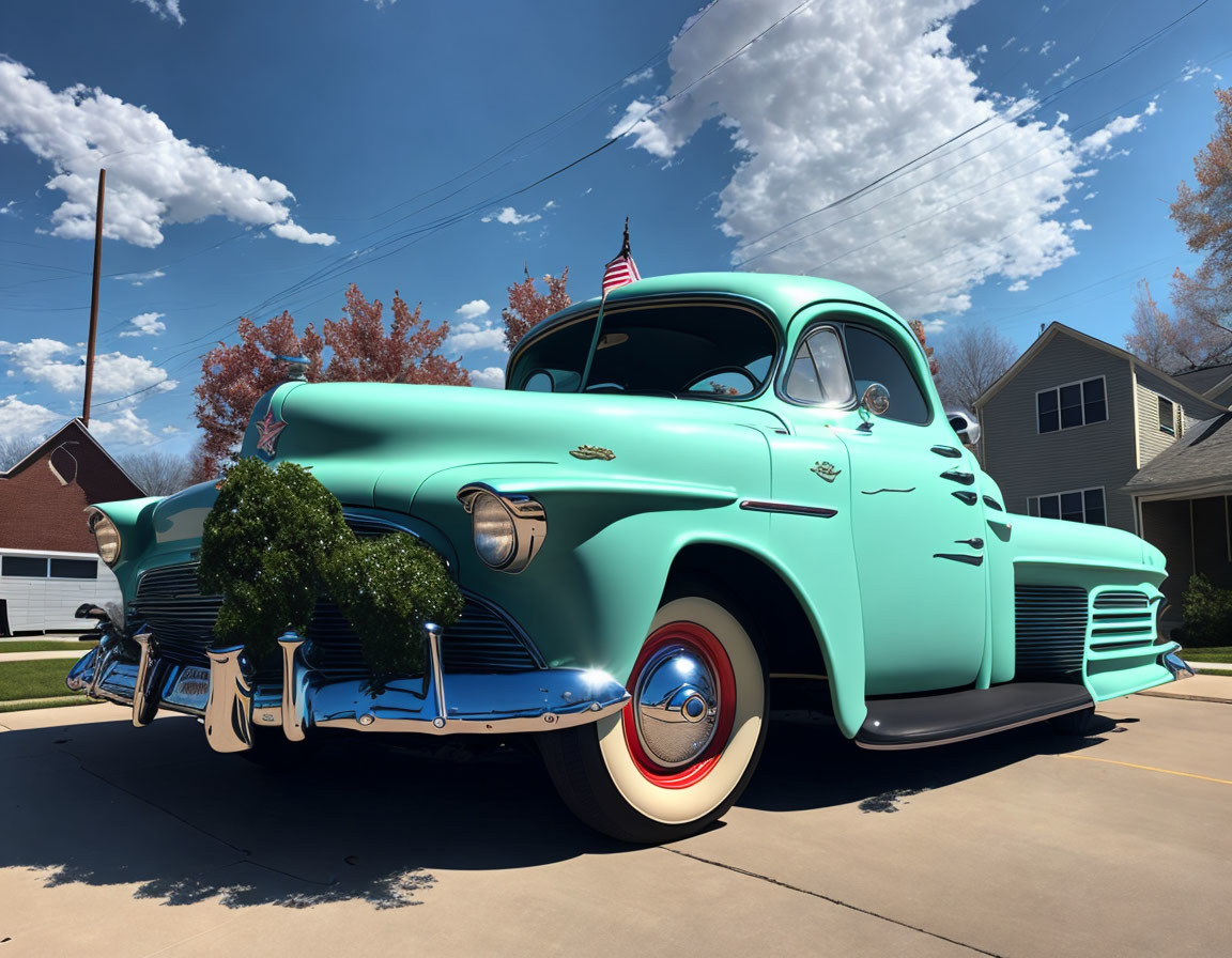 Vintage turquoise car with chrome details, whitewall tires, and American flag antenna under blue sky