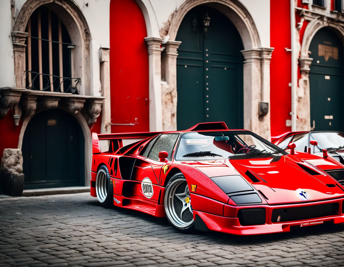 Red Ferrari F40 Parked on Cobblestone Street