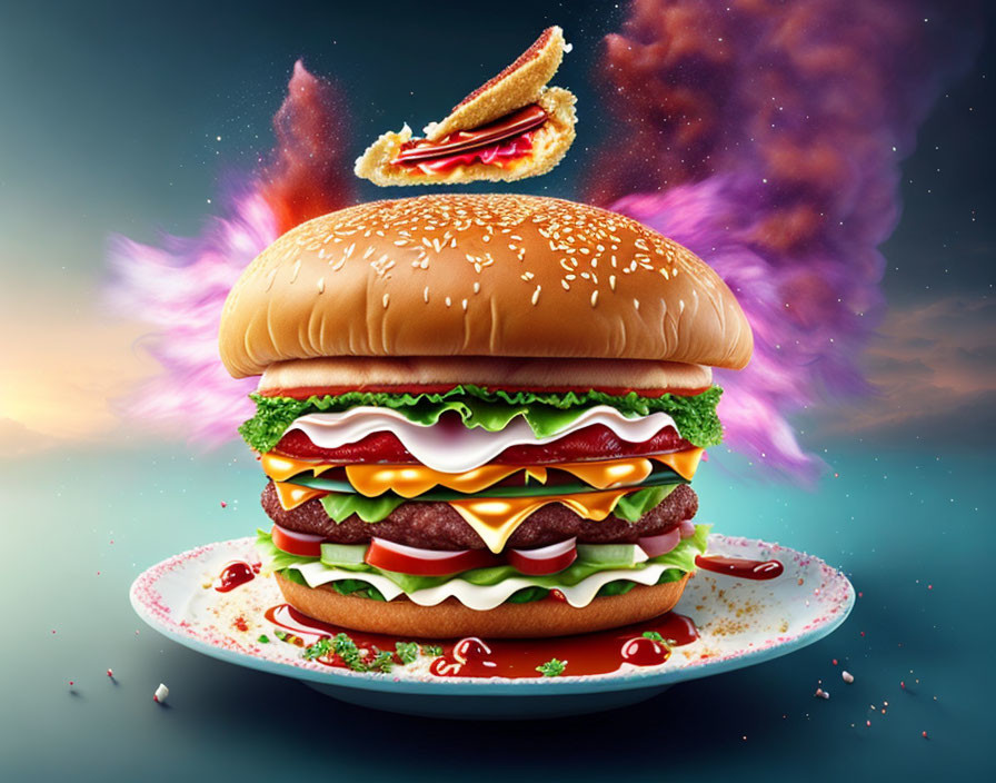 Cheeseburger with lettuce and sauce on plate with cosmic background